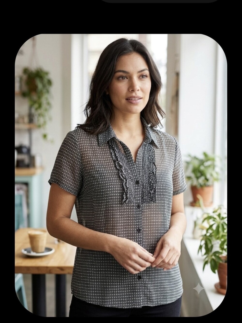 Black Printed Ruffle-Front Short Sleeve Blouse